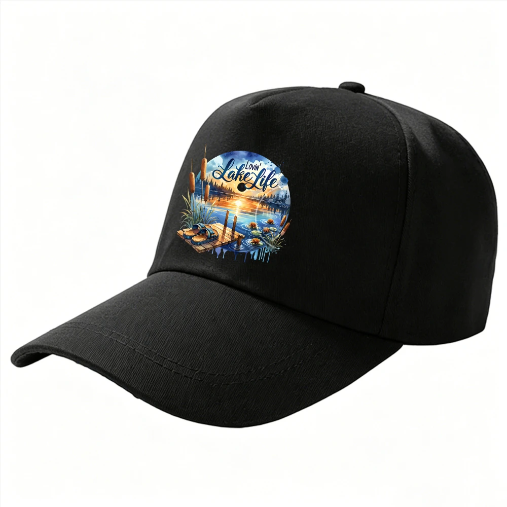 Lovin Lake Life Sunset Dock Watercolor Graphic Baseball Cap Lake Outdoor Lover Casual Cotton Dad Hat Gift for Camping Fishing