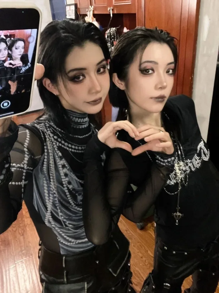 Americano sexy malha preto camisetas femininas gótico vintage topo subcultural y2k japonês t camisa grunge camisetas gráfico