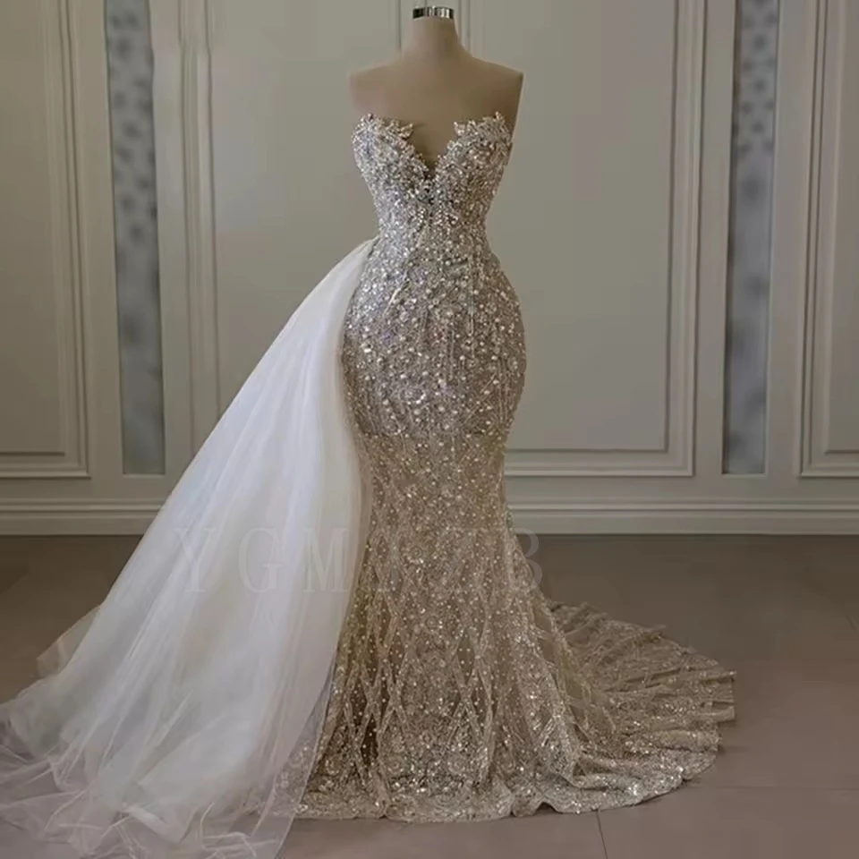 

Sparkly Rhinestone Prom Dresses Luxury Mermaid Pearls Beaded With Detachable Train Formal Evening Gown for Special Occasions