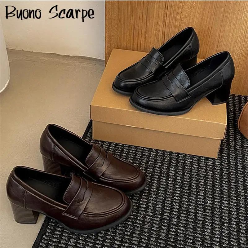 

Retro Style Round Toe Shallow High Heels Women Pumps Solid Color Slip On Loafers Fashion Winter Western Lolita Sexy Casual Shoes