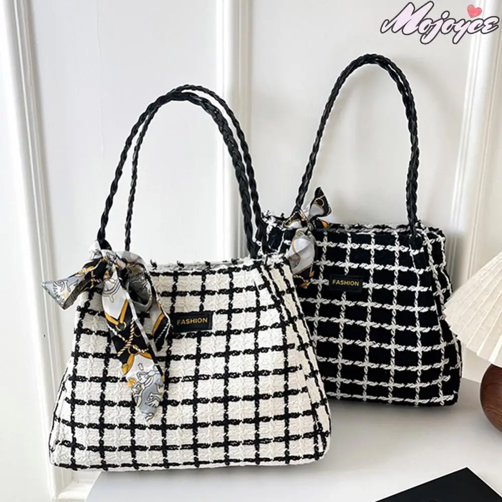 

Women Plaid Shoulder Bag with Ribbon Trendy Tote Handbag Large Capacity Casual Shoulder Bag Date Party Bag