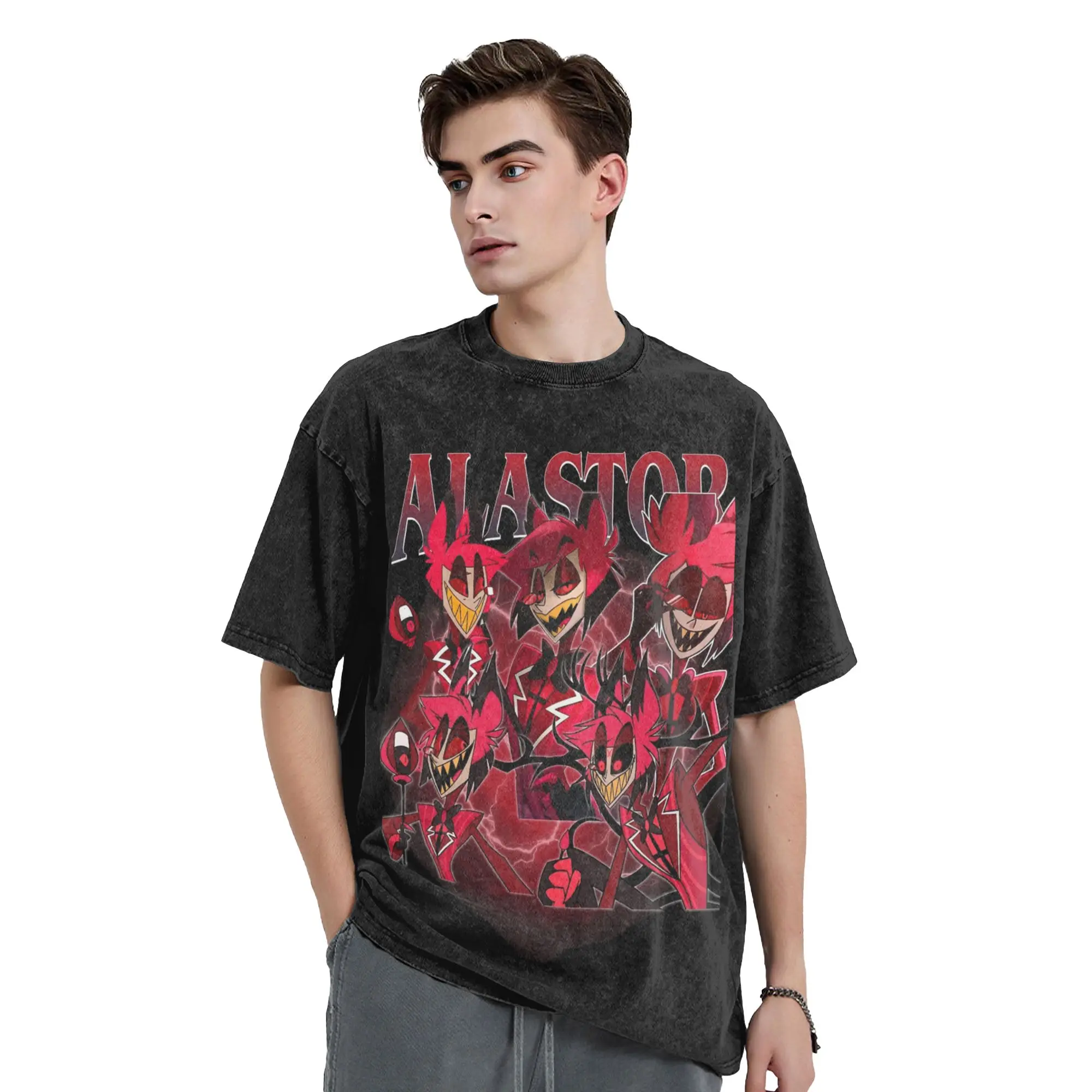 

Hazbined Hoteled Alastor Vintage 90s Washed T Shirt Streetwear Hip Hop T-Shirts Tees for Men Women 100% Cotton Oversize Summer