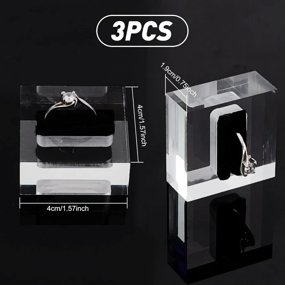 3Pcs Clear Acrylic Ring Display Stand with Black Velvet Square Transparent Ring Display Holder Ring Storage for Store Showcase