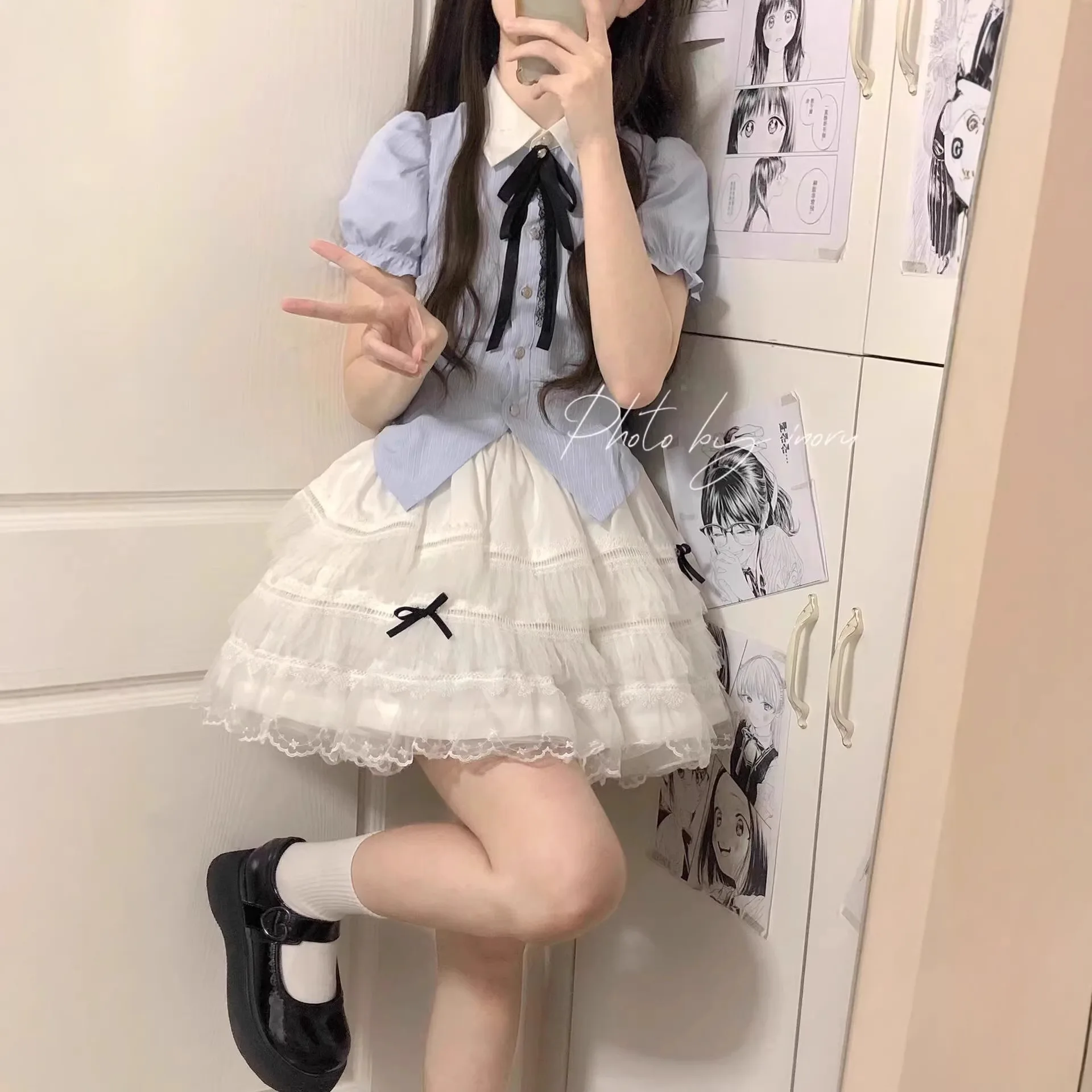 

Sweet and Youthful Korean Style Polo Collar Shirt with Contrasting Colors High Waist Design and Fluffy Skirt Two-piece Set