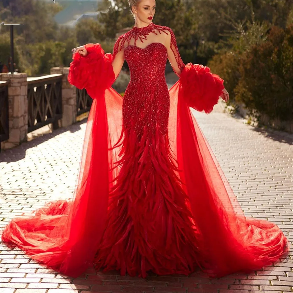 

Luxury Feathered Mermaid Prom Dress Mermaid Beaded Evening Dress With Tulle Cape High Neck Long Sleeve Formal Evening Gown