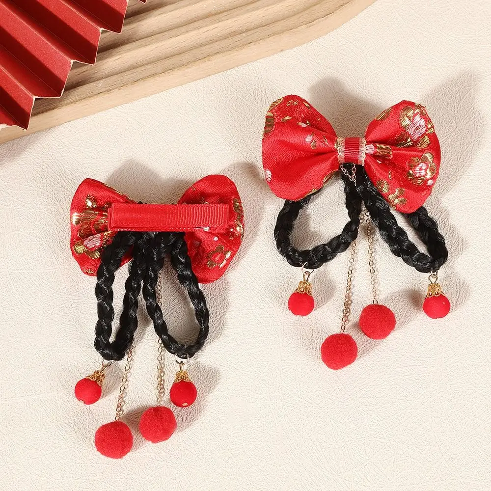 Chinese Style Children's New Year Hairpin Hanfu Headwear Tang Suit Wig Braid Barrettes Cute Sweet Red Bow Hair Clip Winter