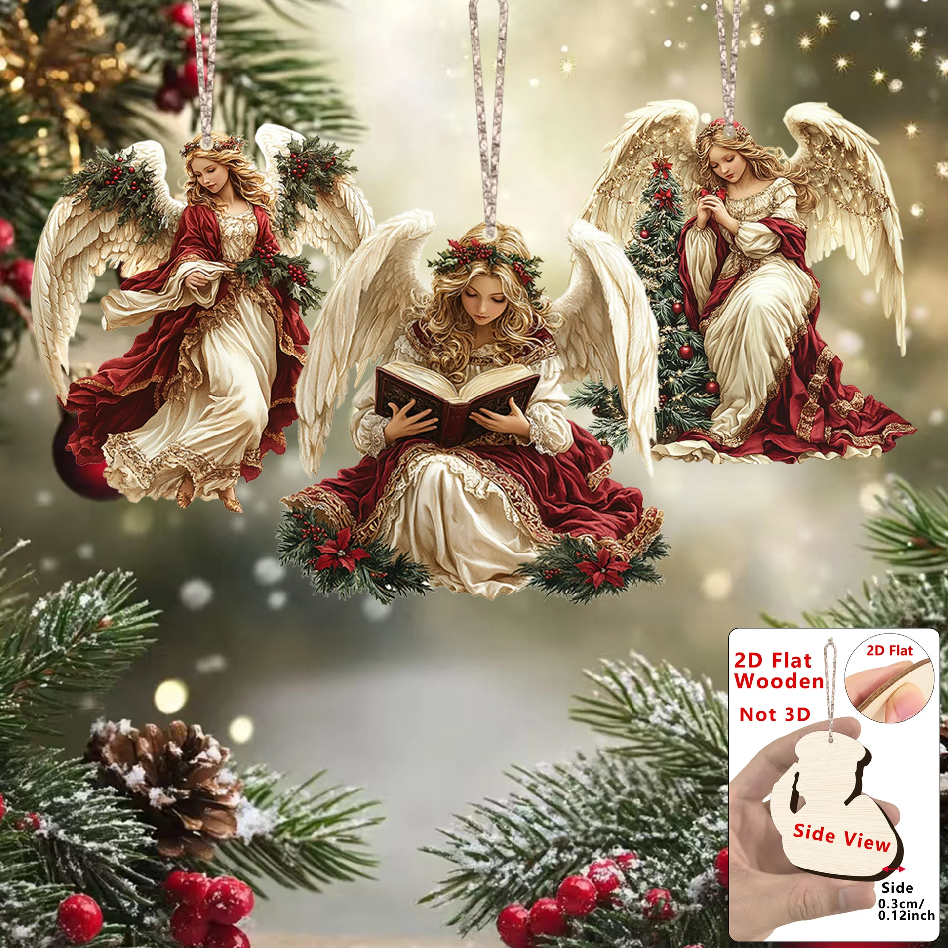 12 Stück 2D-elegante Engel aus Holz, Kunstdekoration, betender Engel, Zuhause, Büro, Café, Weihnachtsfeier, geeignet, einzigartige Geschenkidee, Einzelstück