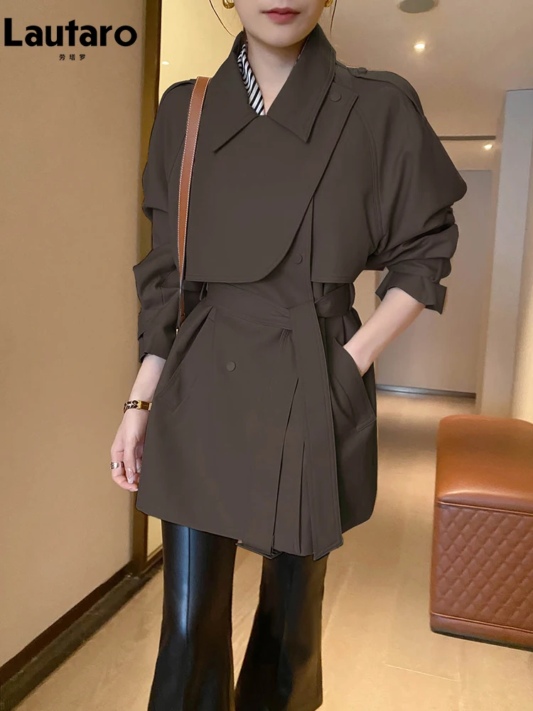 Lautaro Spring Autumn Elegant Chic Trench Coat for Women with Raglan Sleeve Belt Double Breasted Luxury Designer Clothes 2023