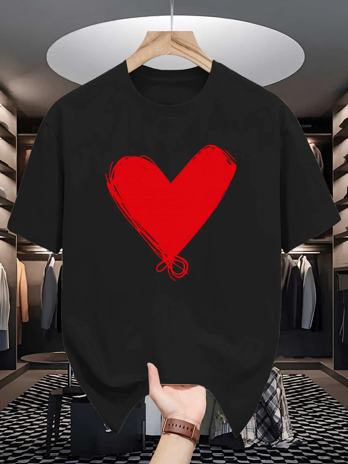 

Men's Heart Print T-Shirt - Short Sleeve Crew Neck Casual Top | Minimalist White Heart Design