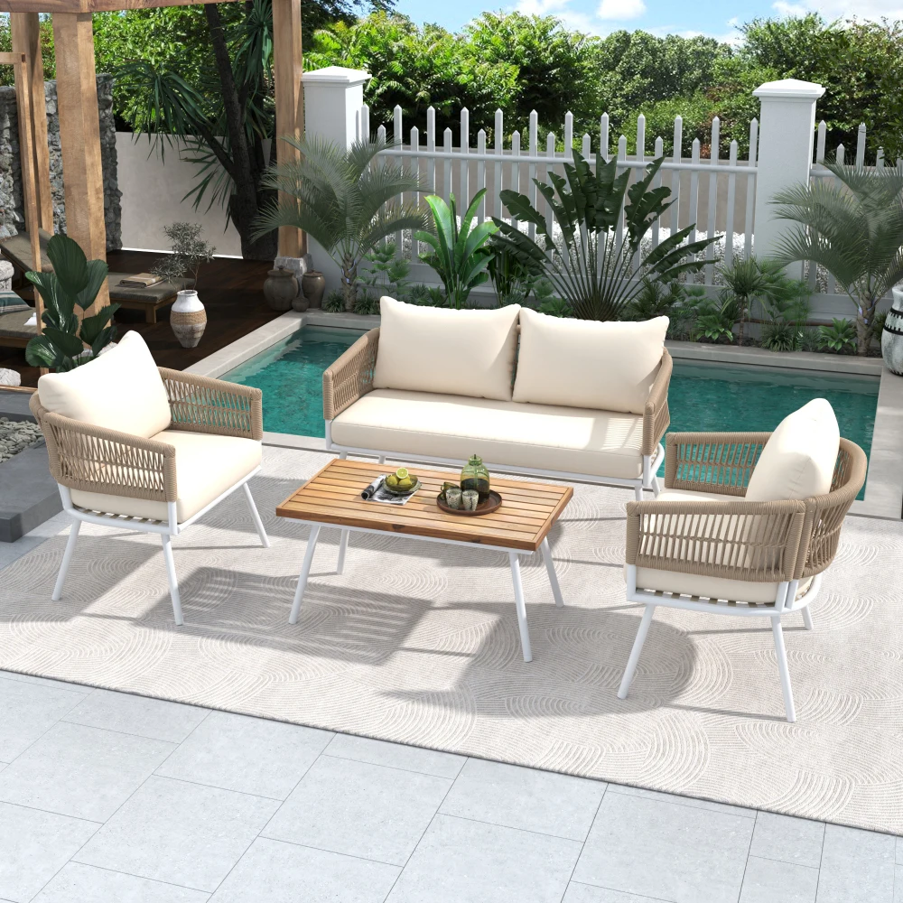 4-Piece Boho Rope Patio Furniture Set, Outdoor Furniture, Patio Conversation Set with Thick Cushion for Backyard Porch Balcony