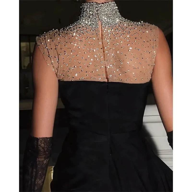 New Black Prom Dresses Ruched Side Train Beaded High Collar Evening Dresses Arabic Dubai 2024 Formal Wedding Party Gown