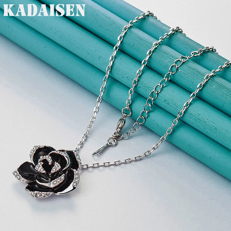 925 Sterling Silver Black Rose Flower 16/18/20/22/24/26/28/30 Inch Pendant Necklace For Women Party Fashion Jewelry