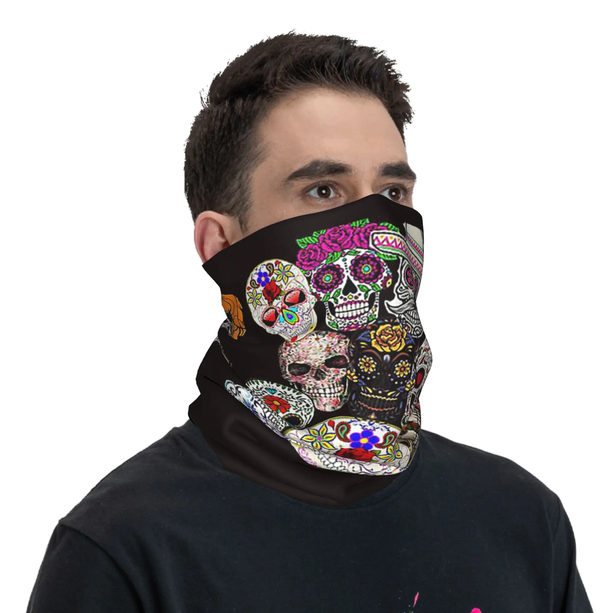 죽은 자의 날 예술 멕시코 설탕 해골 두건 넥 커버 프린트 랩 마스크 스카프 따뜻한 사이클링 스카프 라이딩