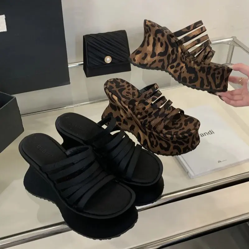 11CM Chunky Heeled Slippers 6cm Platform Sandals Woman Leopard Bow Beach Shoes Summer Belt Wedge Heels Sandalen Damen