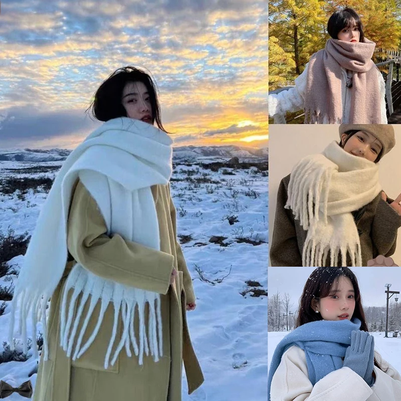 

Роскошный кашемировый яркий однотонный женский шарф, зимняя шаль и бандана, пашмина, кисточка, женский платок, толстое одеяло