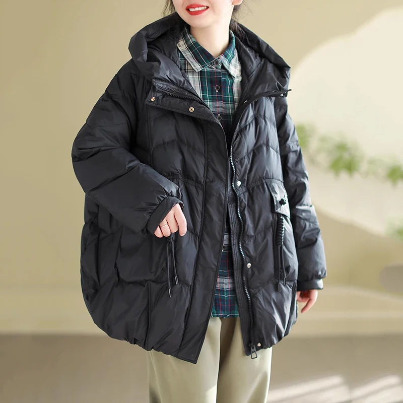 Schinteon Women Down Jacket Casual Loose Over Size Autumn Winter Outwear White Duck Down Warm Thick Coat with Hood 2026 New