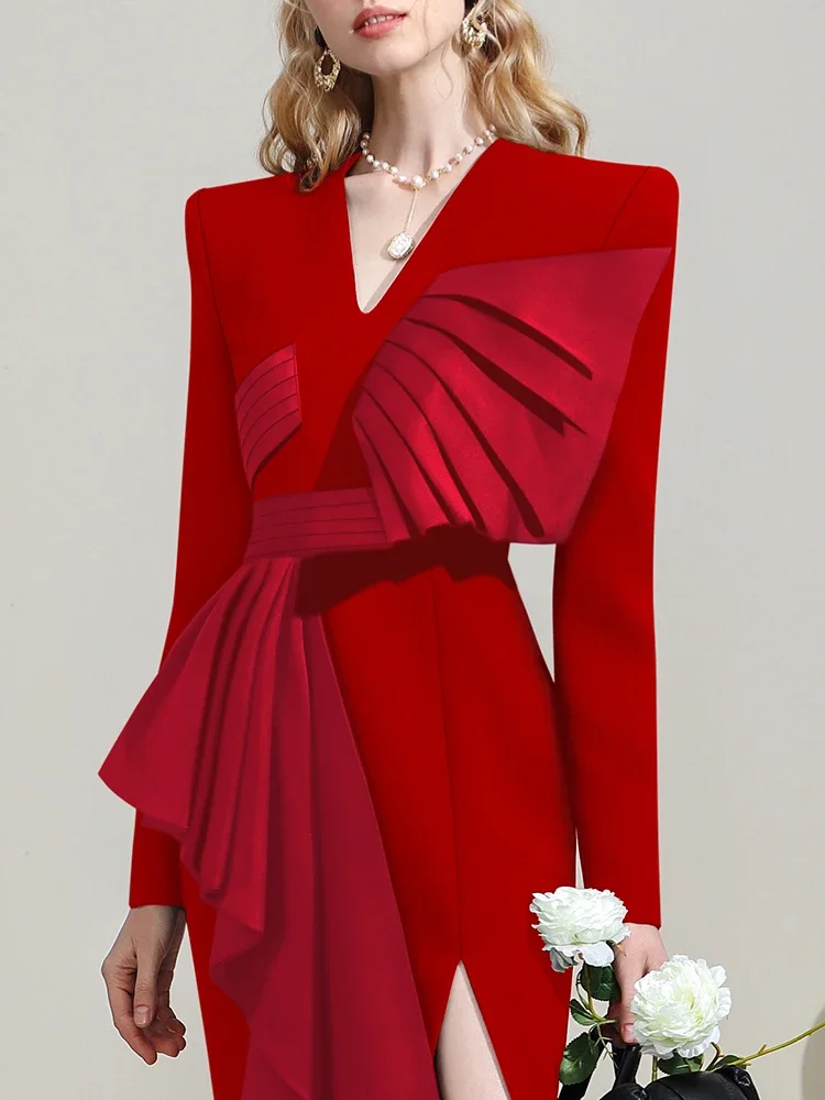 Autumn and Winter 2023 New Banquet Temperament Female V-neck Young Sexy Slit Mid-length Dress Dignified Elegant Red Women Dress