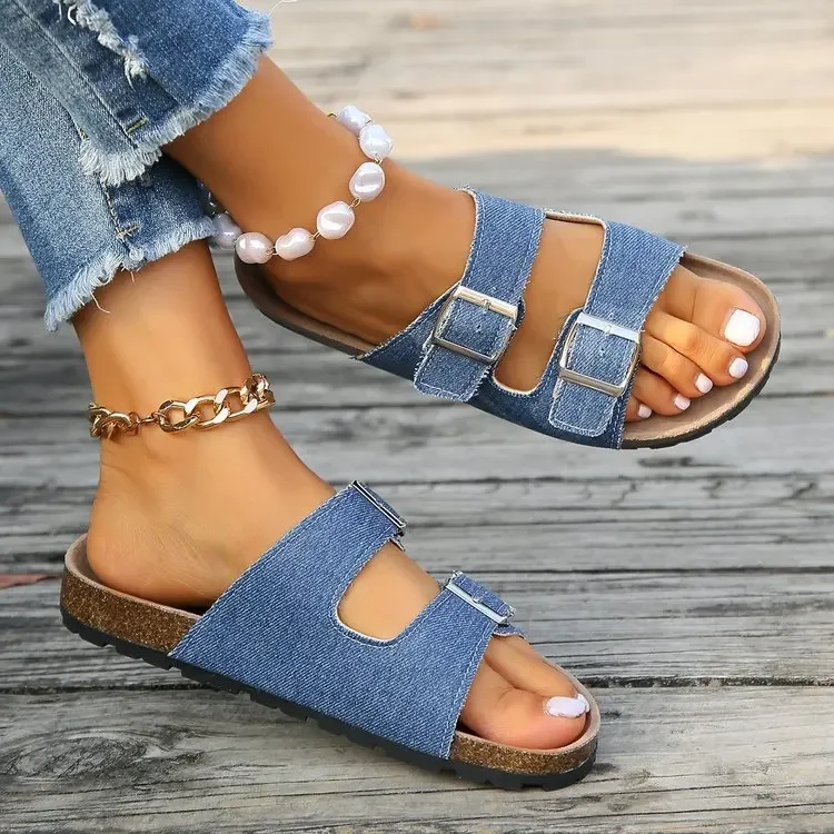 2023 New Summer Women\'s Cork Slippers Casual Beach Shoes Double Buckle Non-slip Denim Canvas Slip on Fashion Slippers Soft Sole