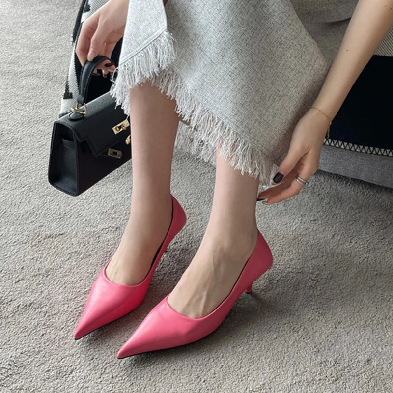 2023 New Luxury Brand Women Yellow Pointed Toe Stiletto Pumps Pu Leather Pink White Pencil High Heels Ladies Wedding Prom Shoes