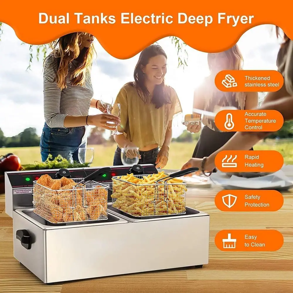 Commercial Deep Fryer with 2 * 6L Baskets, 13.4QT Electric Deep Fryers, Countertop Stainless Steel Fryer with Removable Tanks, T
