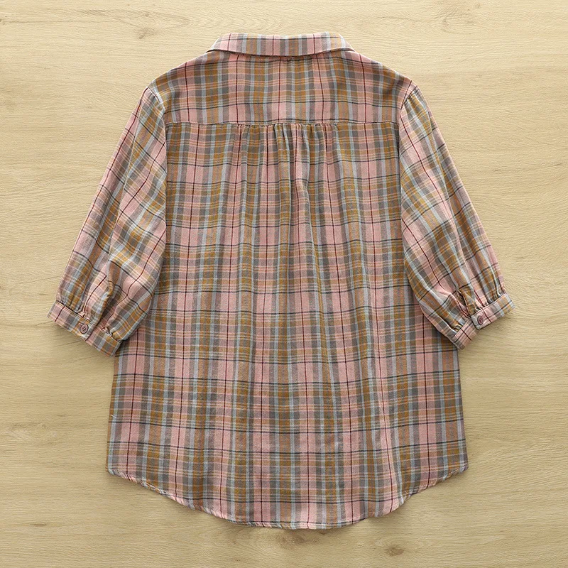 ใหม่2025ฤดูร้อนผ้าฝ้ายแขนสั้นเสื้อผู้หญิงTurn-Down Collarลายสก๊อตพิมพ์, Moriสาวสบายๆเสื้อหลวมวินเทจt54837CC