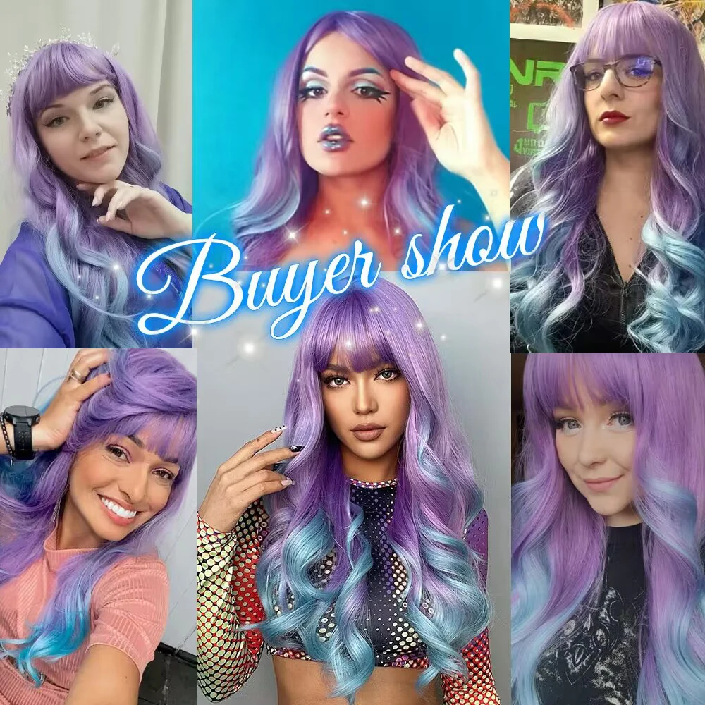 oneNonly Purple Blue Wig with Bangs Long Wavy Cosplay Lolita   Women Wigs  Halloween Party High Temperature Hair