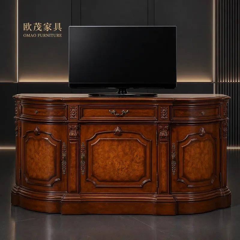 Double Door Floor Cabinet Low Locker American Solid Wood TV Stand Bedroom Curved Media Console Entrance Storage Unit