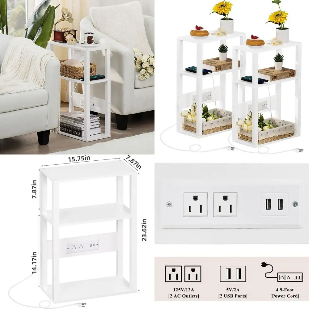 

Compact 2-Piece Wooden Side Table Set with Charging Station - Slim Nightstand for Small Spaces, White