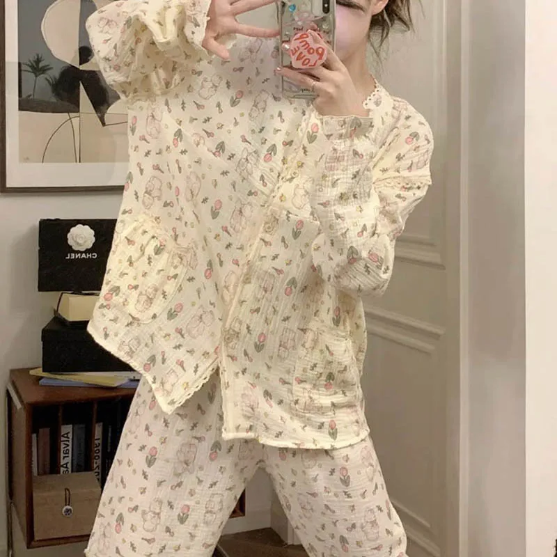 Korean Sleepwear Women Pajama Sets Floral Long Sleeve Piiama Cute Spring Sets for Women 2 Pieces Night Wears Sleeping Home Suit