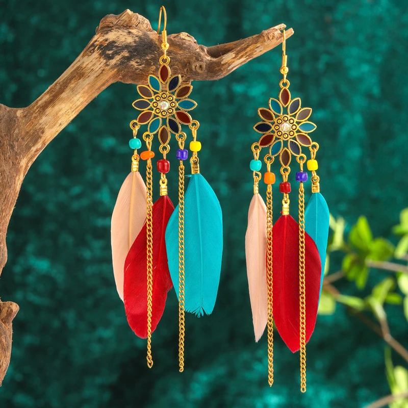 Bohemian Long Sun Flower Feather Earrings for Women Trendy Ethnic Retro Gold Color Chain Tassel Earring Wedding Vacation Jewelry