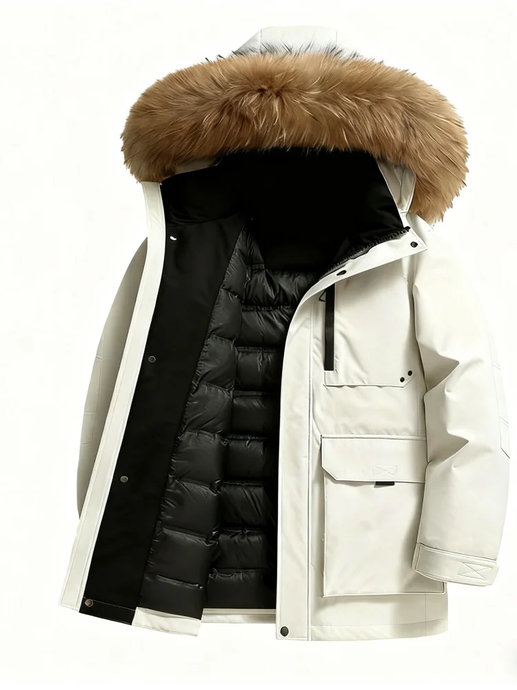 Men's Premium Gray Goose Down Winter Parka - Windproof Cold Weather Jacket with Detachable Fur Trim Hood