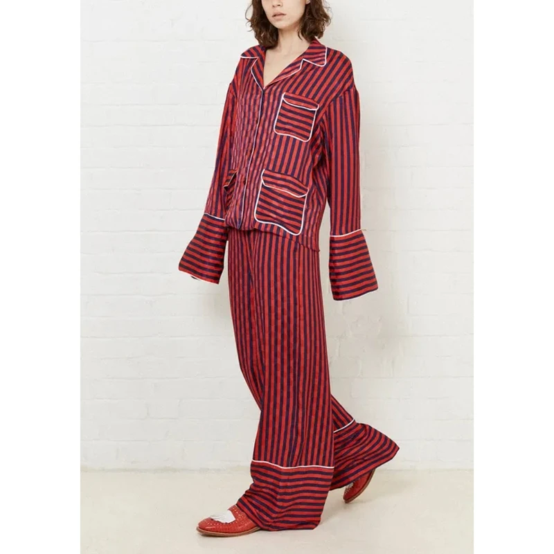 Combhasaki المرأة مخطط الحرير الحرير فضفاض منامة زر أسفل التلبيب الخامس الرقبة طويلة الأكمام بلوزات وسراويل المتسكعون 2 قطعة Pjs مجموعة