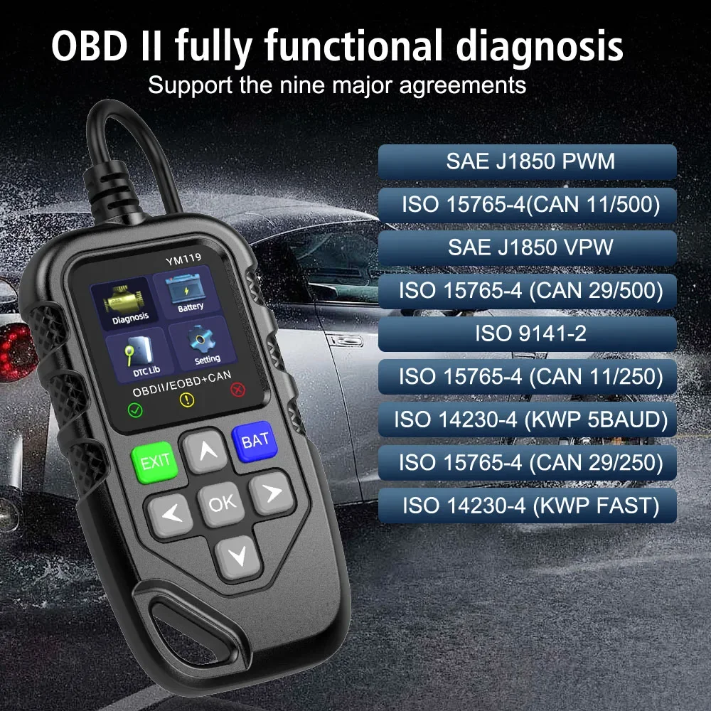 YM119 OBD2 Scanner Diagnostic Tool Car Code Reader CAN Scan Tool Engine Fault Code Reader with Battery Test