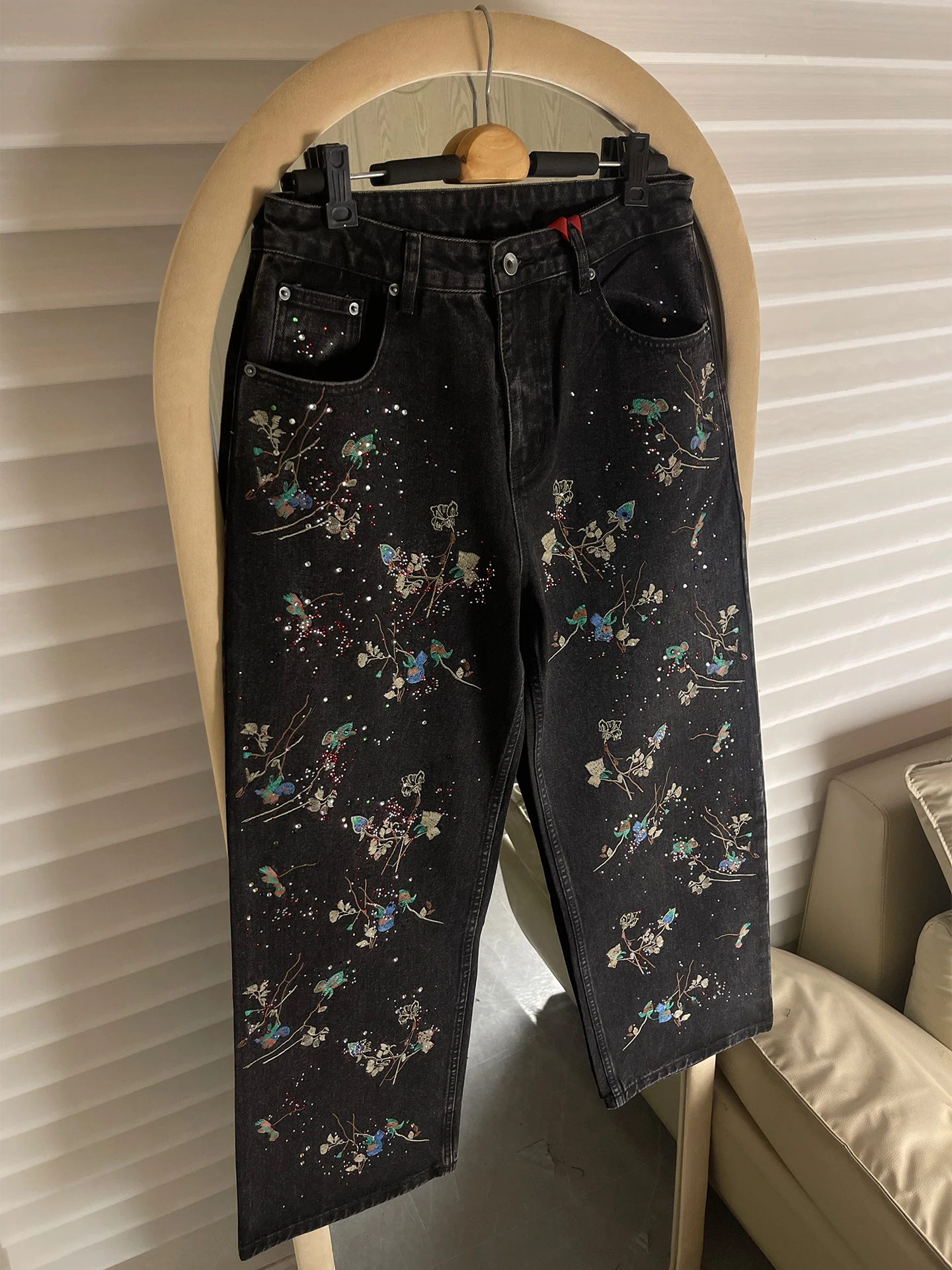 

American Sle Heavy Embroidery Rhinestone Denim Jeans Men's Trendy Loose Straight Leg Design Sensation Cool Wide Leg Pants