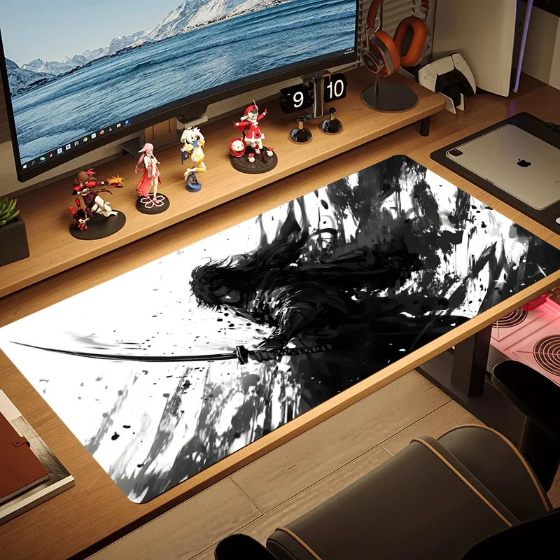 Mouse Pad Large Ink Painting Black Desk Pad Samurai Non-slip Rubber White Game Mouse Mat Laptop Carpet Gaming Mousepads