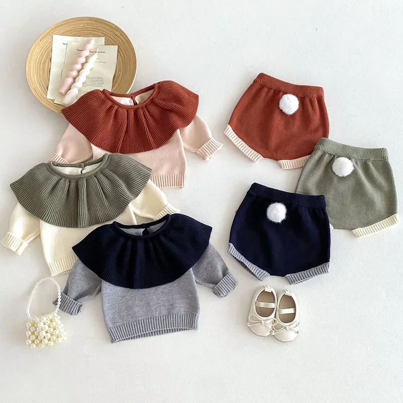 

2024 New Autumn Toddler Baby Girl Knitting Clothes Suit Long Sleeved Pullover Sweater+Shorts Newborn Baby Girls Clothes Set