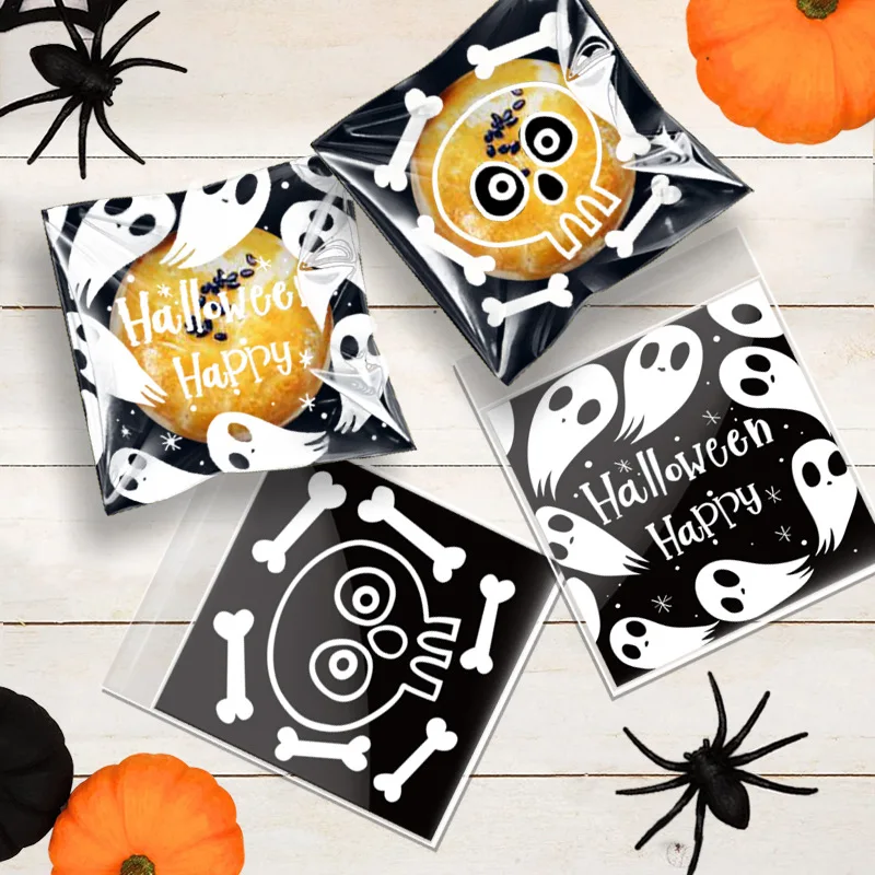 100Pcs Halloween Skull Ghost Candy Packaging Bag Black Yellow Orange Cellophane Chocolate Biscuit Bag Halloween Party Supplies