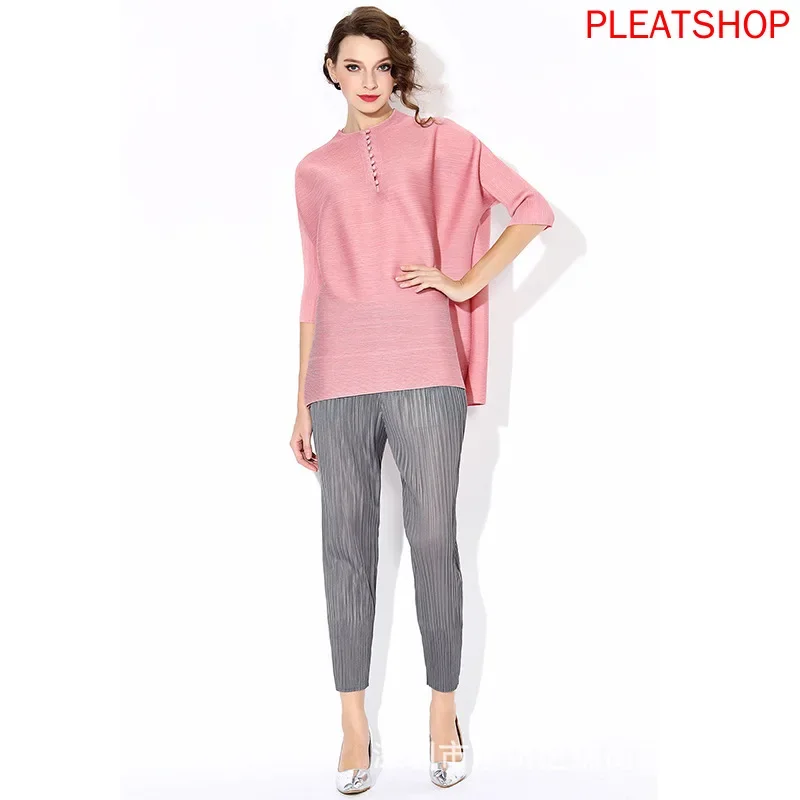 Women's Pleated Skinny Pants, Miyake Pencil Pants, Casual Trousers, Elastic Loose -Fit Capri Pants