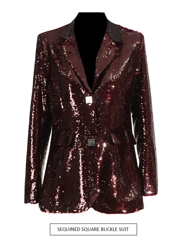 

Elegant Autumn Winter V-Neck Loose Long Waist-Cinched Sequin Square Button Women's Fashionable European Style Polyeste...
