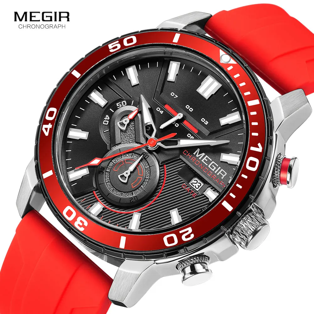 MEGIR Orange Sport Watch for Men Fashion Waterproof Silicone Strap Chronograph Quartz Wristwatch with Auto Date Luminous hands