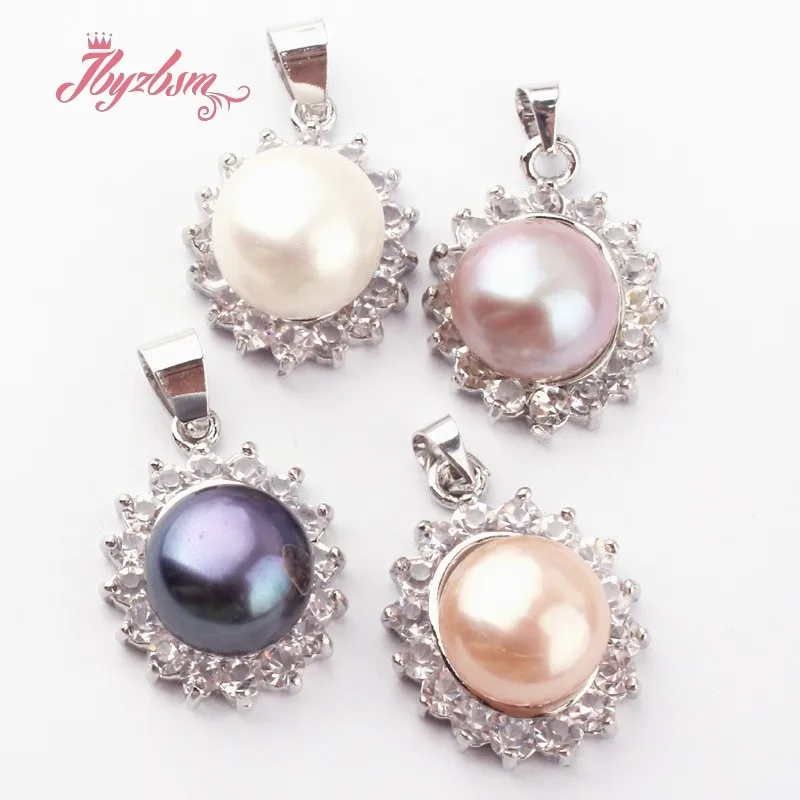 10mm Natural Round Freshwater Pearl CZ Crystal Beads Tibetan Silver Fashion Pendant 1 Pc 15x18mm For Party Gift Free shipping