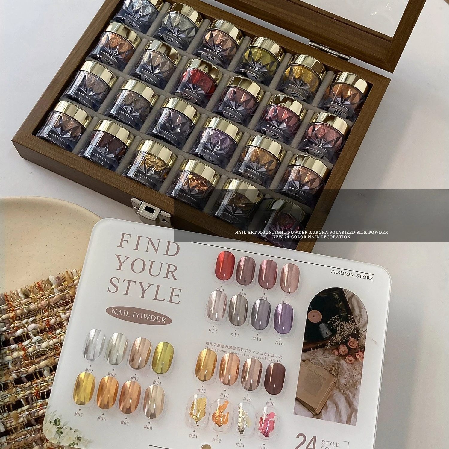 24-Color Dopamine Nail Art Mirror Powder Set with Color Chart and Storage Box DIY Nail Art with Charm and Artistic Touches