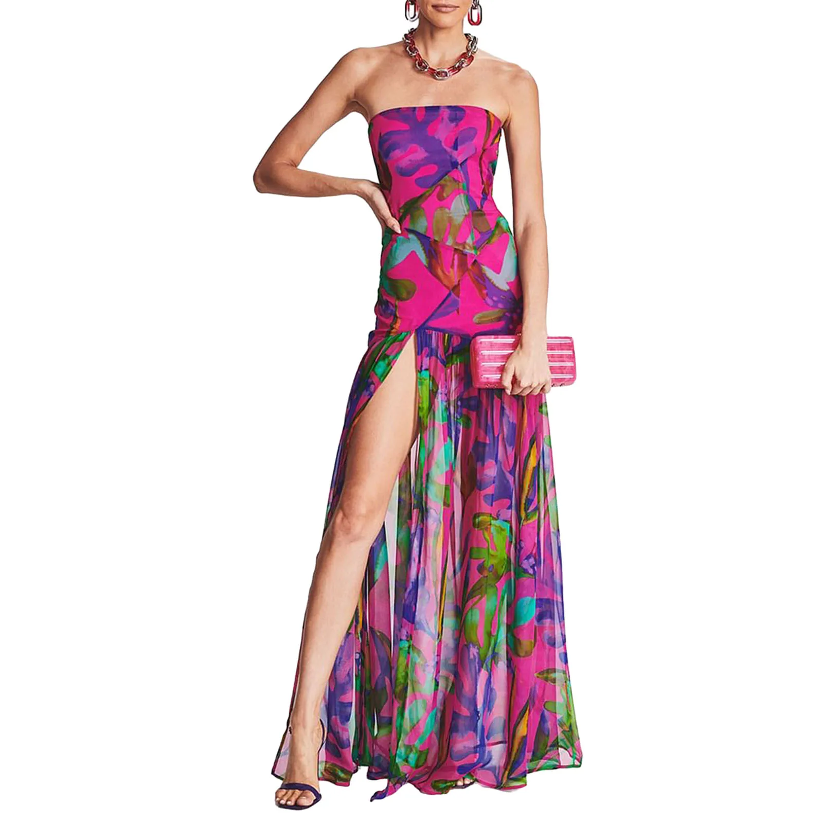 Dames Tube Top-jurk Slanke strapless rugloze mesh patchwork tropische print lange jurk met hoge split voor feestclubavond