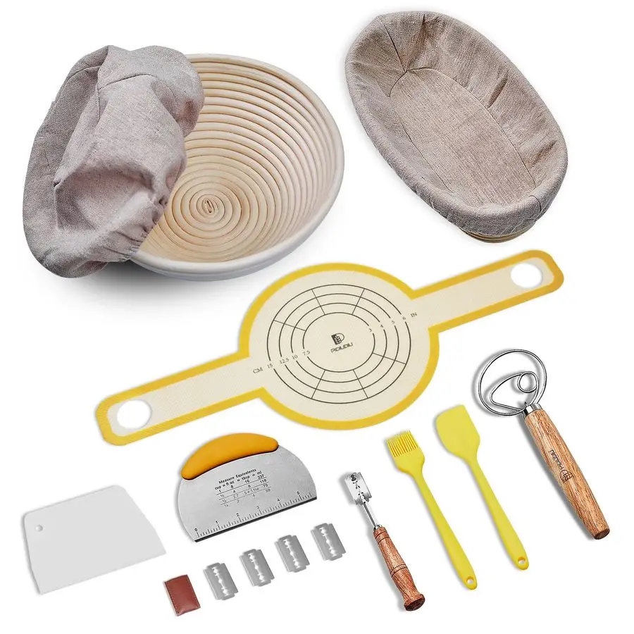 

Набор для выпечки хлеба: овальная корзина для расстойки хлеба 10 дюймов и круглая корзина 9 дюймов с льняным вкладышем, силиконовый ремень для хлеба, датская корзина D.