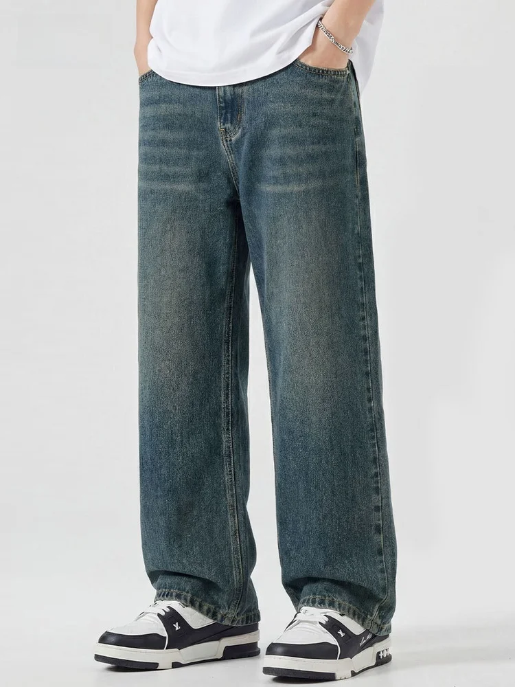 

Fashionable Wide Leg Long Straight Cut Men's Jeans Washed Blue Simple Retro Spring 2026 Snow Flying Brand Casual Denim Trousers