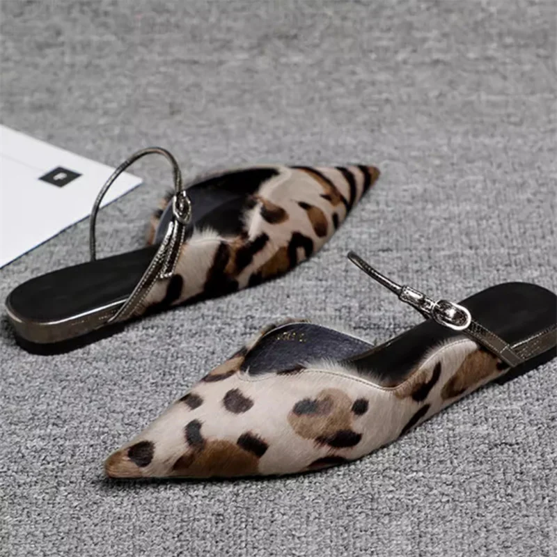 

2024 Summer New Cover Toe Sandals Horse Hair Sexy Leopard Pattern Baotou Half Slippers Genuine Leather Low Heel Lady Shoes