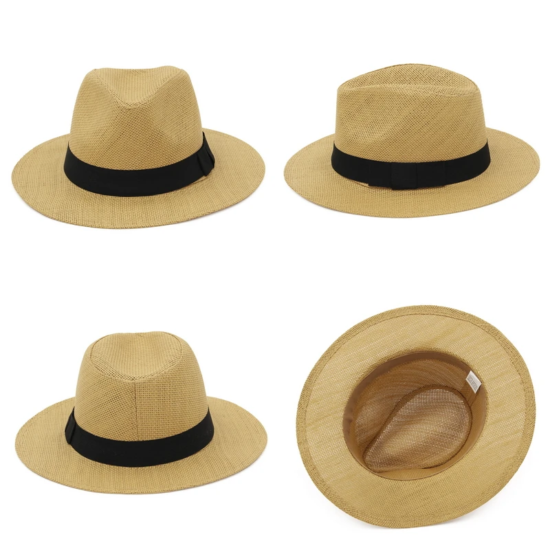 Summer Straw Panama Hat for Women Men Wide Brim Outdoor UV Protection Sun Beach Fedora Hats with Black Hatband