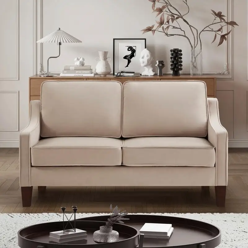 Velvet Loveseat Sofa for Living Room, Small Upholstered Couch with Wooden Legs, Taupe Color for Living Room or Bedroom