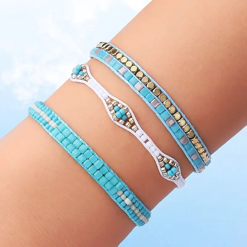 Rice bead bracelet Block Crystal Hand knitting Geometry Originality Design Adjustable Bohemia Fashion Female Beaded bracelet set