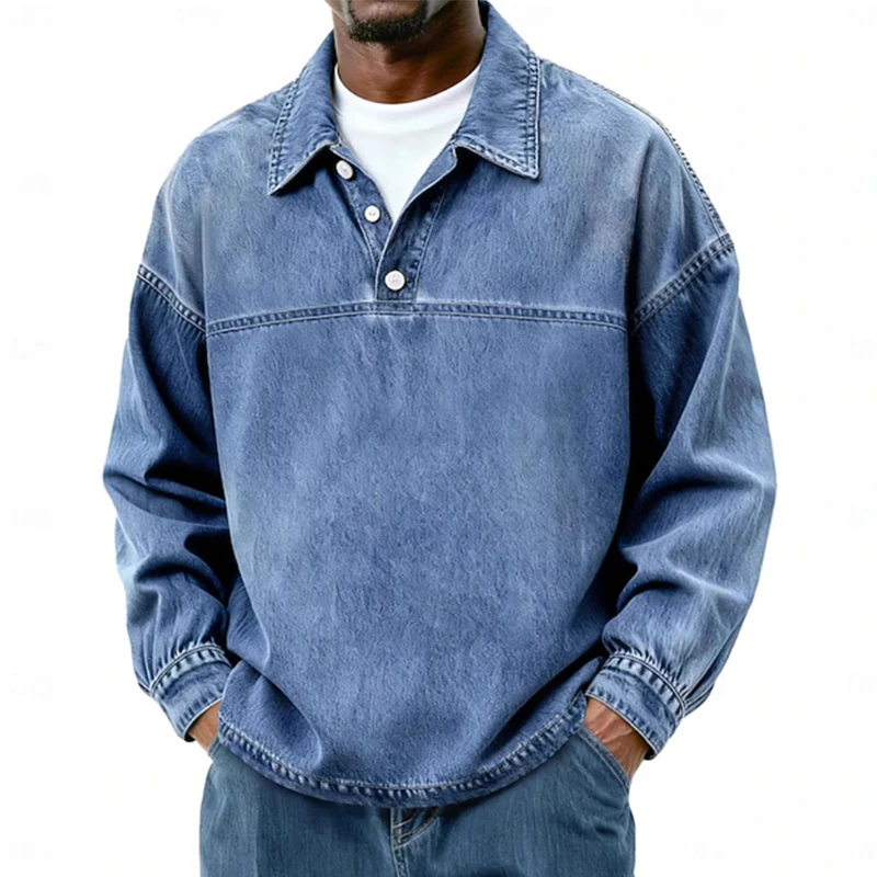 Autumn Casual Pullover Mens Streetwear Vintage Turn-down Collar Shirt Tops Daily Casual Solid Color Loose Long Sleeve Shirts
